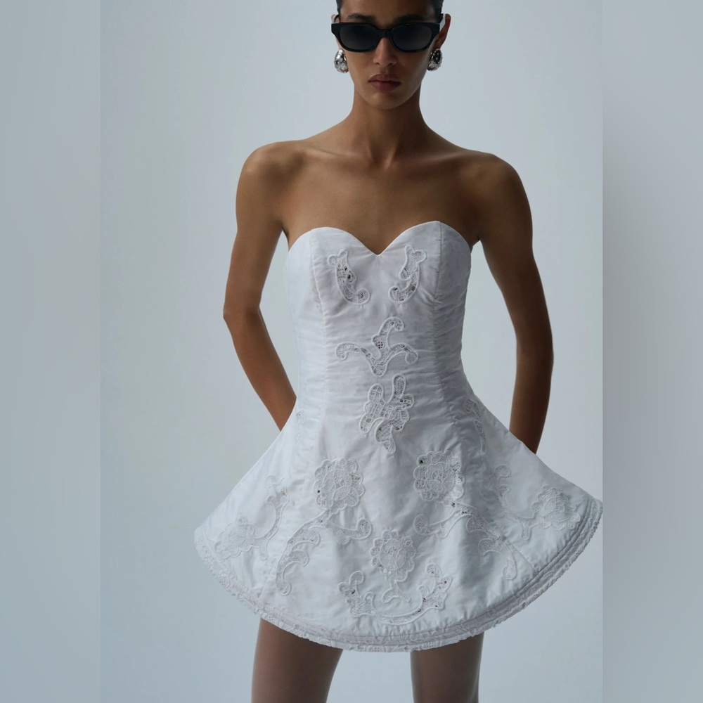 Magda Butrym White Lace poplin strapless babydoll mini dress in white